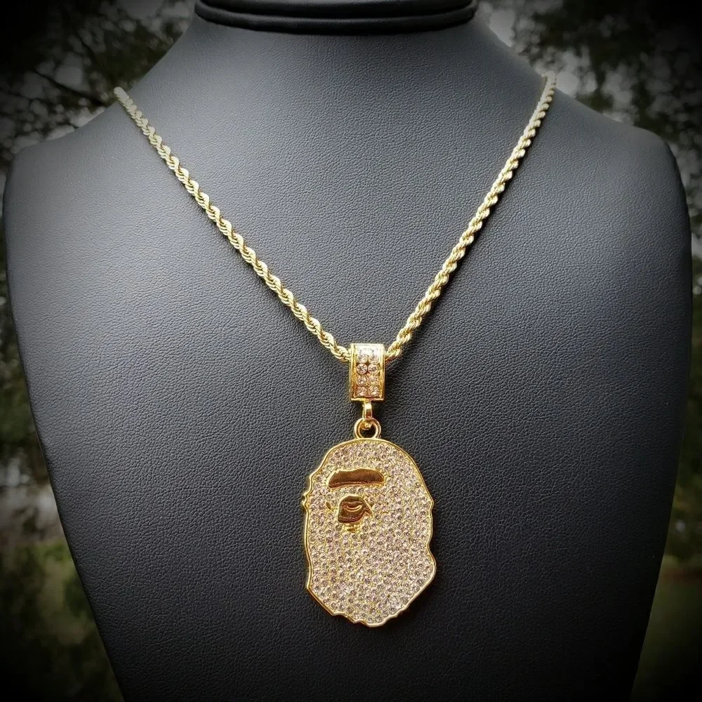 14k GP Iced Out Stainless Steel ape Necklace